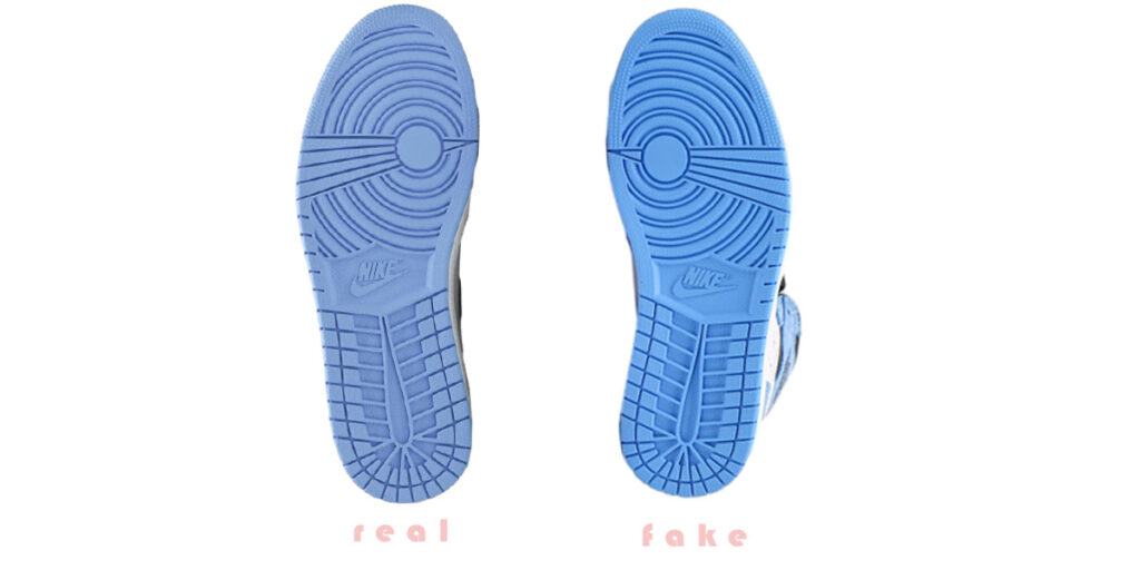 comparison of the soles of real and fake jordan 1 university blue