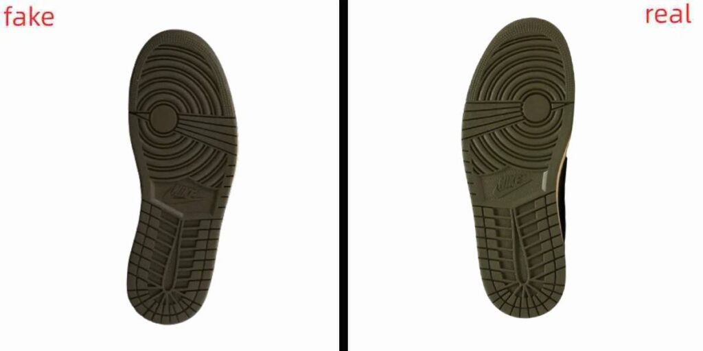 fake and real travis scott jordan 1 low medium olive shoe sole comparison