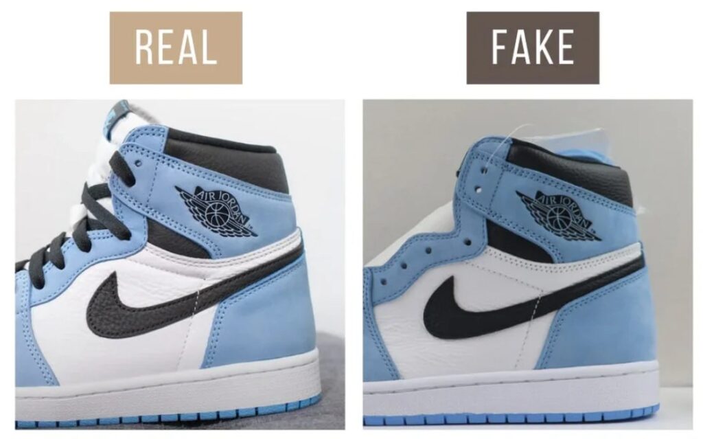 fake Jordan 1 University Blue Swoosh logo vs real