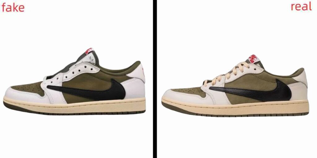 fake travis scott jordan 1 low medium olive vs real