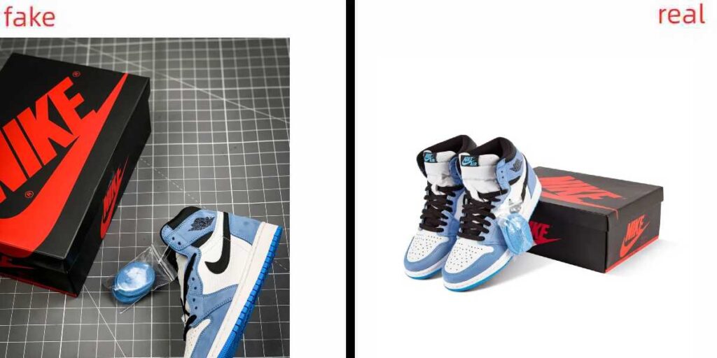 spot fake jordan 1 university blue shoebox