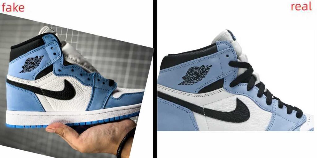 the wings logo of jordan 1 university blue real vs real