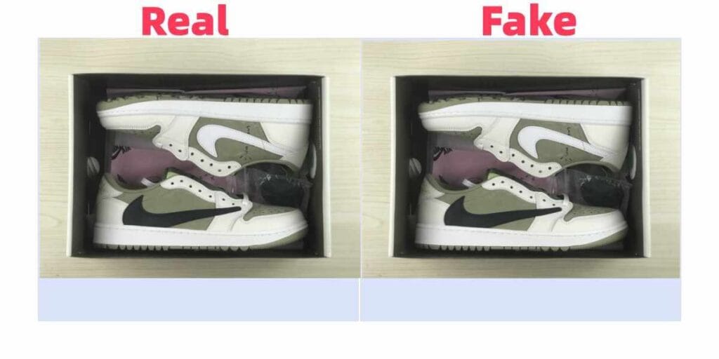fake travis scott jordan 1 low golf vs real