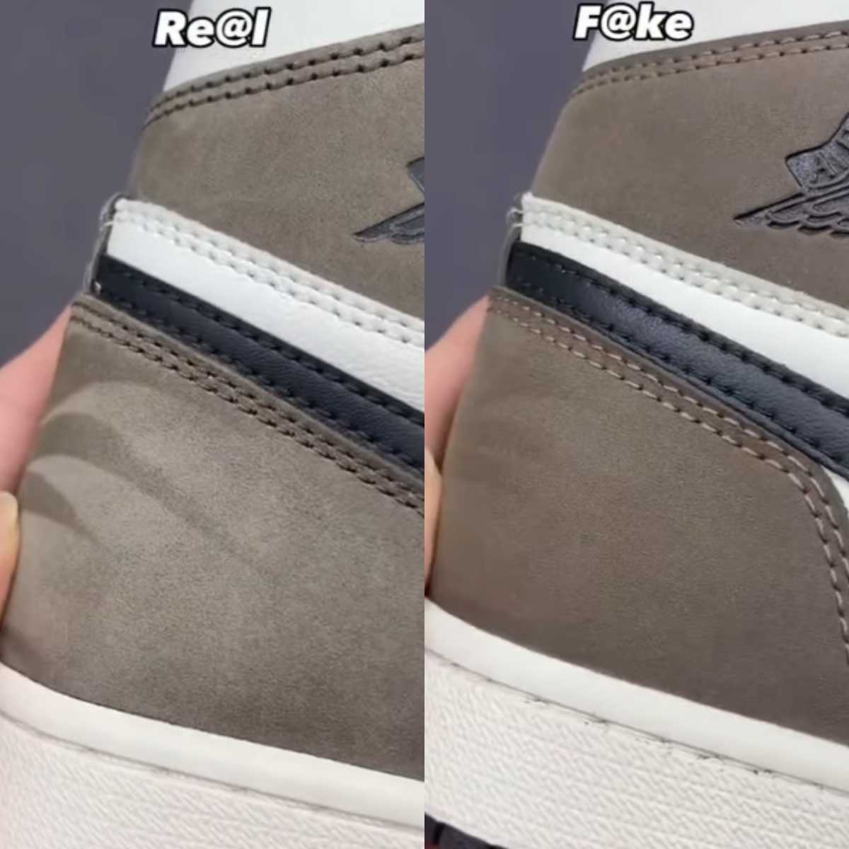 Spot Fake Jordan 1 High Mocha by the Material on the Heel